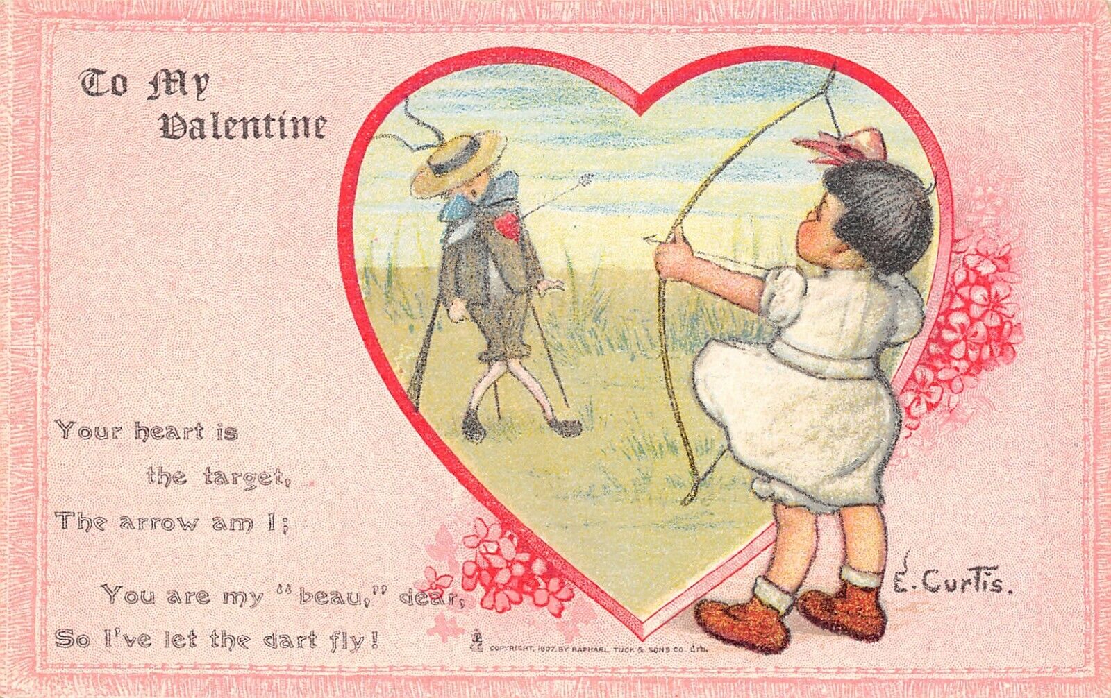 E Curtis Valentine~Your Heart is Target~Girl Shoots Boy w/ Arrow~Pink Back~TUCK