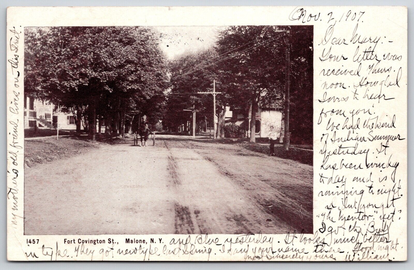 Postcard Fort Covington St., Street View People Malone, New York Posted 1907