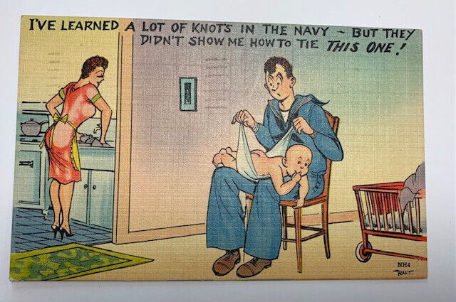 Vintage Postcard Navy Man trying to put diaper on baby, Linen Artist Signed Walt