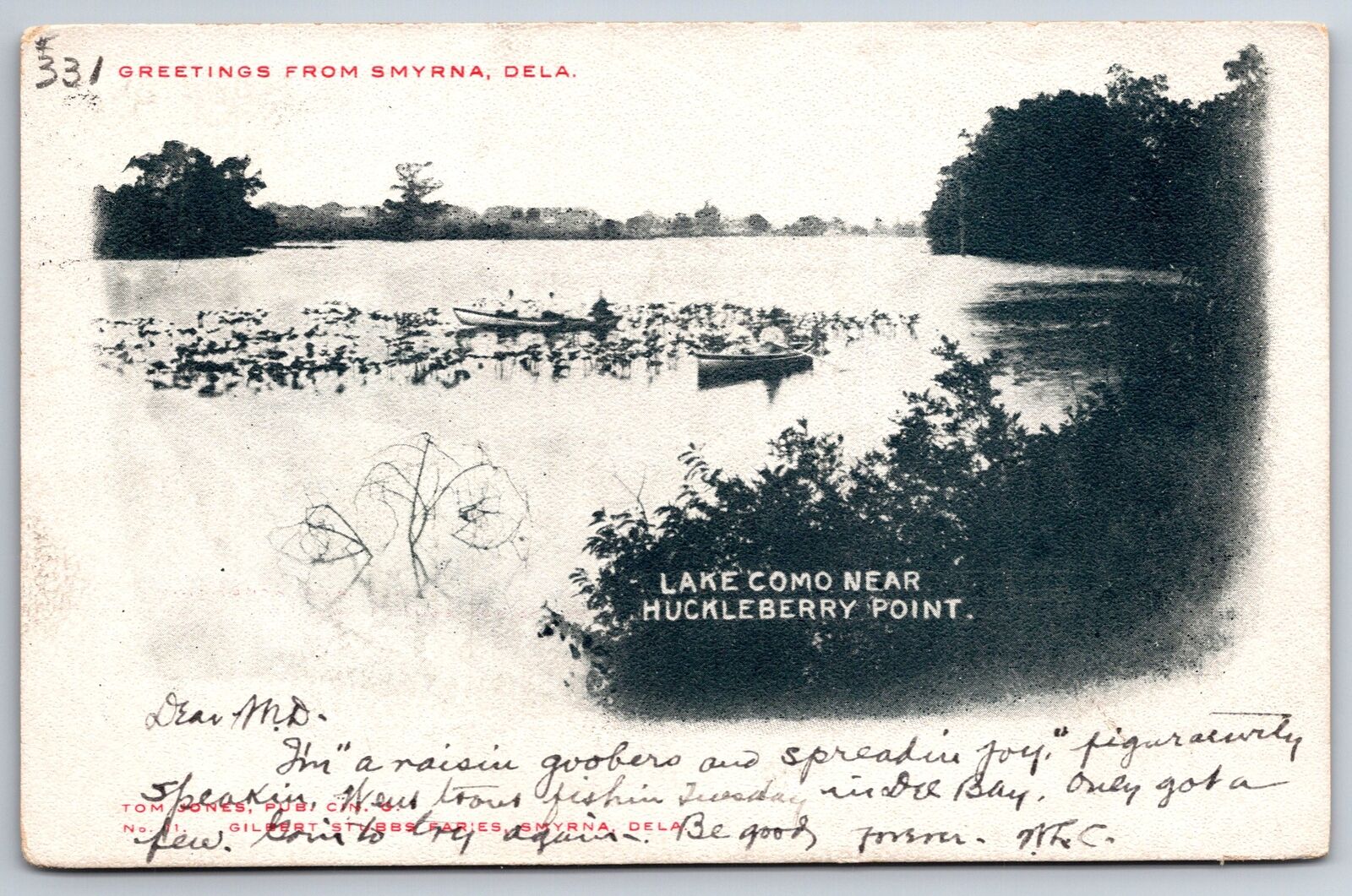 Smyrna Delaware~Lake Como @ Huckleberry Point~1910 B&W Postcard