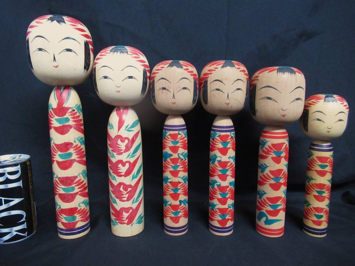Traditional Kokeshi dolls by Yasuhiro Sato, set of 6, height approx. 28cm