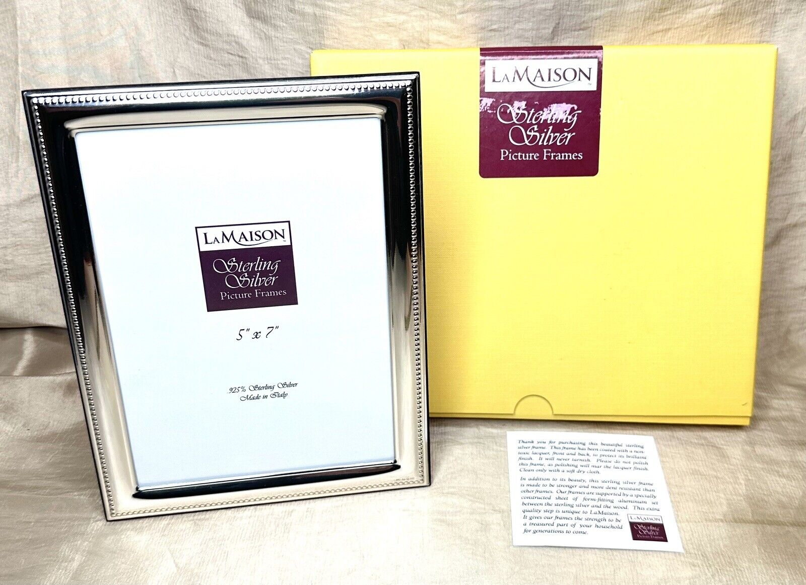 New Old Stock in Box La Maison Italy 5x7 Sterling Silver Photo Picture Frame