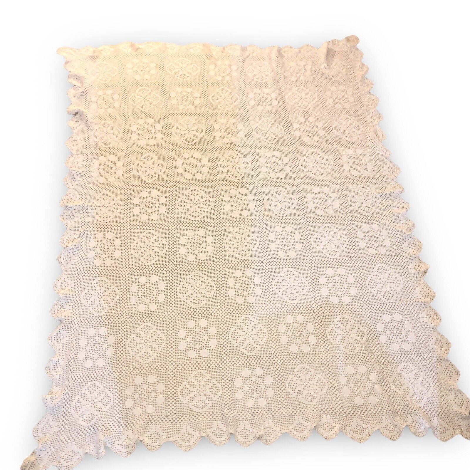 Vintage MCM Crocheted Doilie Style Tablecloth  Rectangle Cream White 61” X 72”