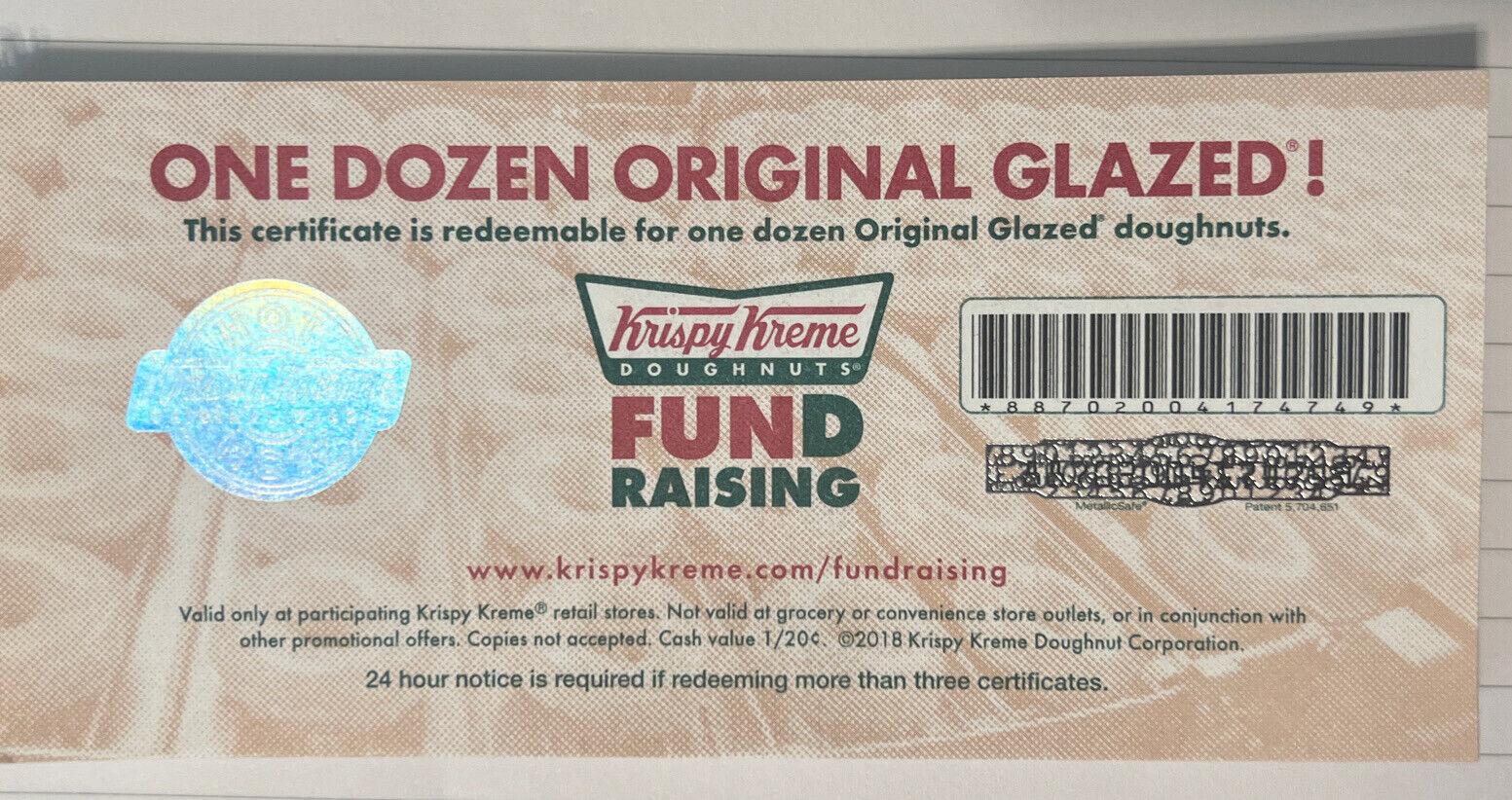Krispy Kreme - Free Dozen Original Glazed - Certificate PACK OF 10