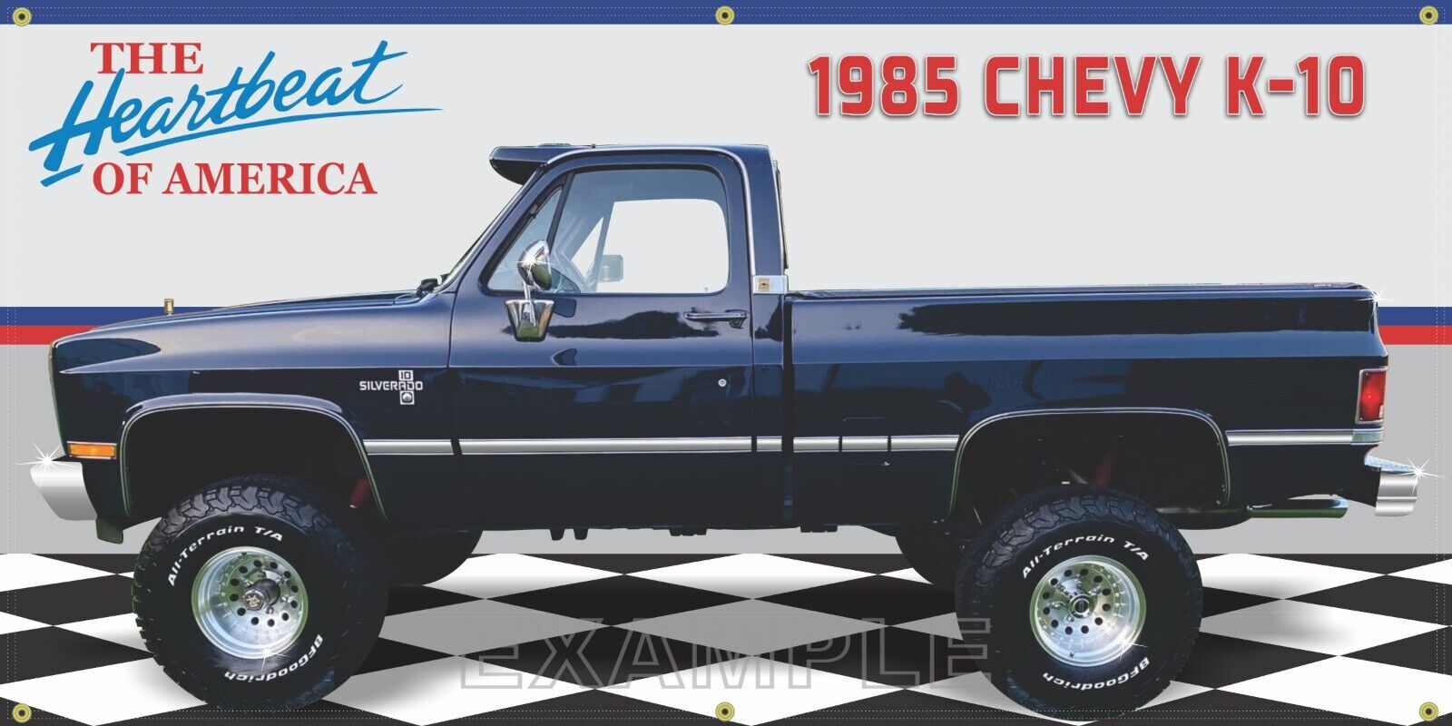 1985 CHEVY CHEVROLET K10 4 X 4 TRUCK DARK BLUE GARAGE SCENE BANNER SIGN MURAL