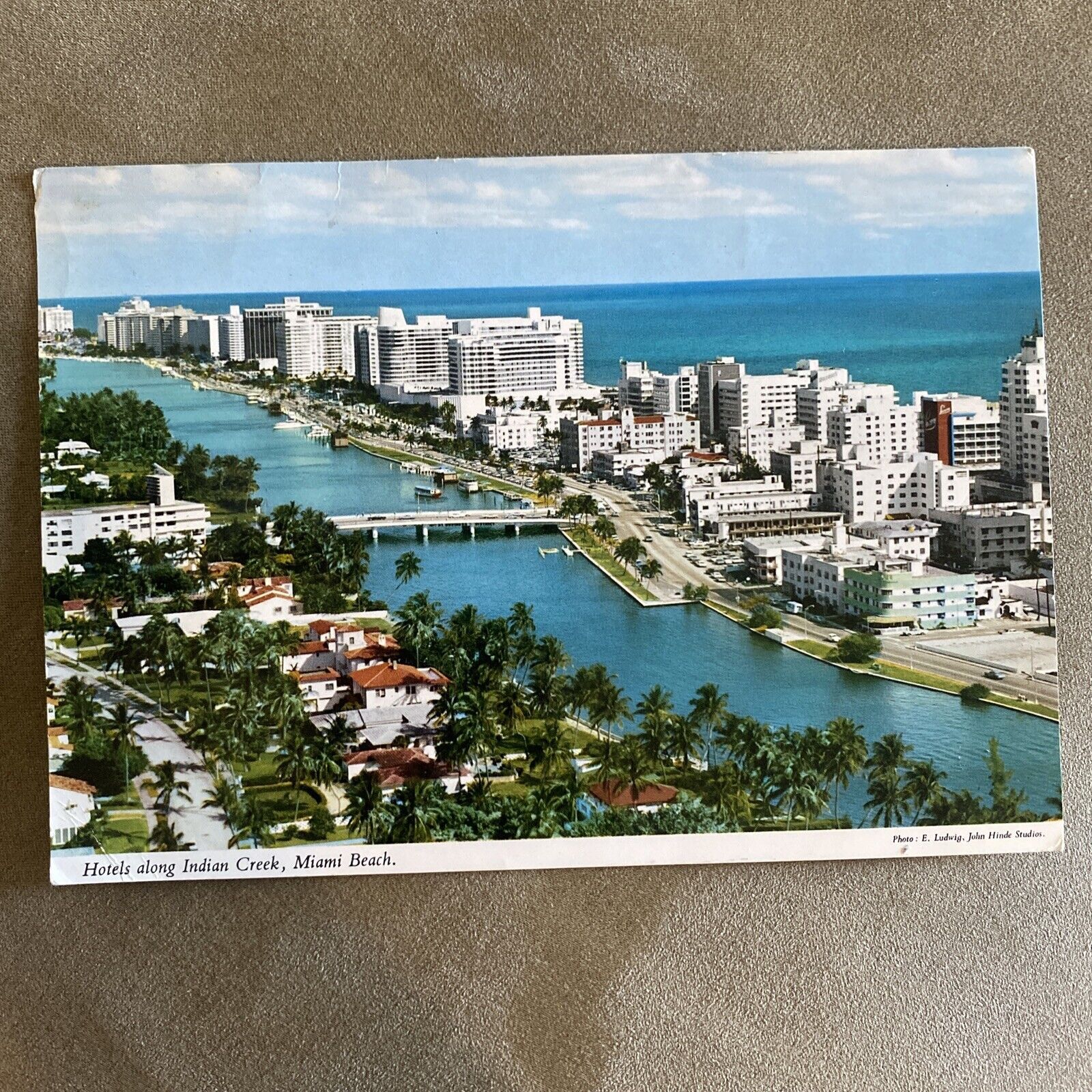 Postcard Miami Beach Hotels on Collins Avenue Indian Creek Florida Aerial View