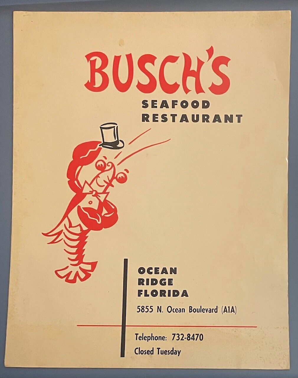 Vintage 1950s Busch\'s Restaurant Menu Delray Beach Ocean Ridge Florida