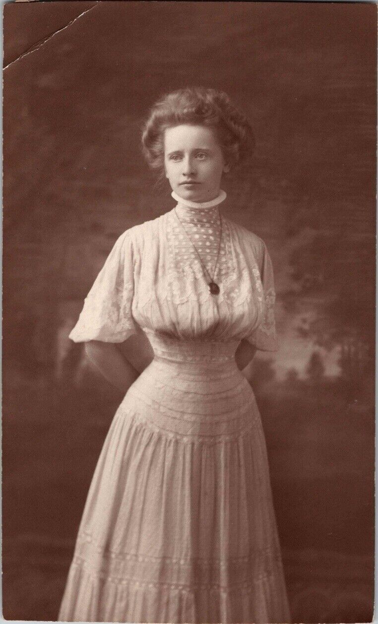 c1910 Beautiful Young Woman Dress Necklace RPPC Real Photo Postcard