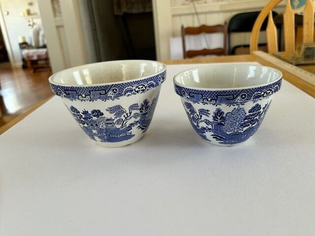 2 Antique Blue Willow Mixing Bowls England #36 #42