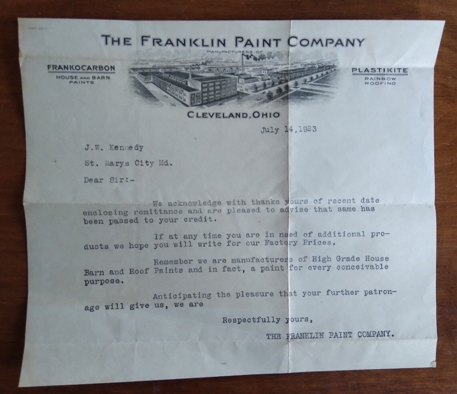 1923 Letter With The Franklin Paint Company Letterhead With Vignette Of Plant