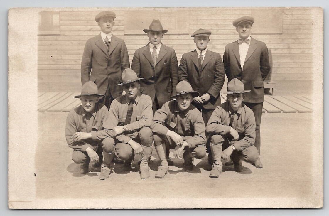 RPPC Four Dapper Men With Four Handsome Soldiers c1917 Real Photo Postcard S24