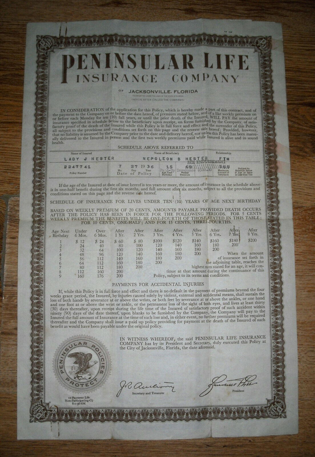1936 Old Life insurance policy, Peninsular Insurance, Jacksonville  /  