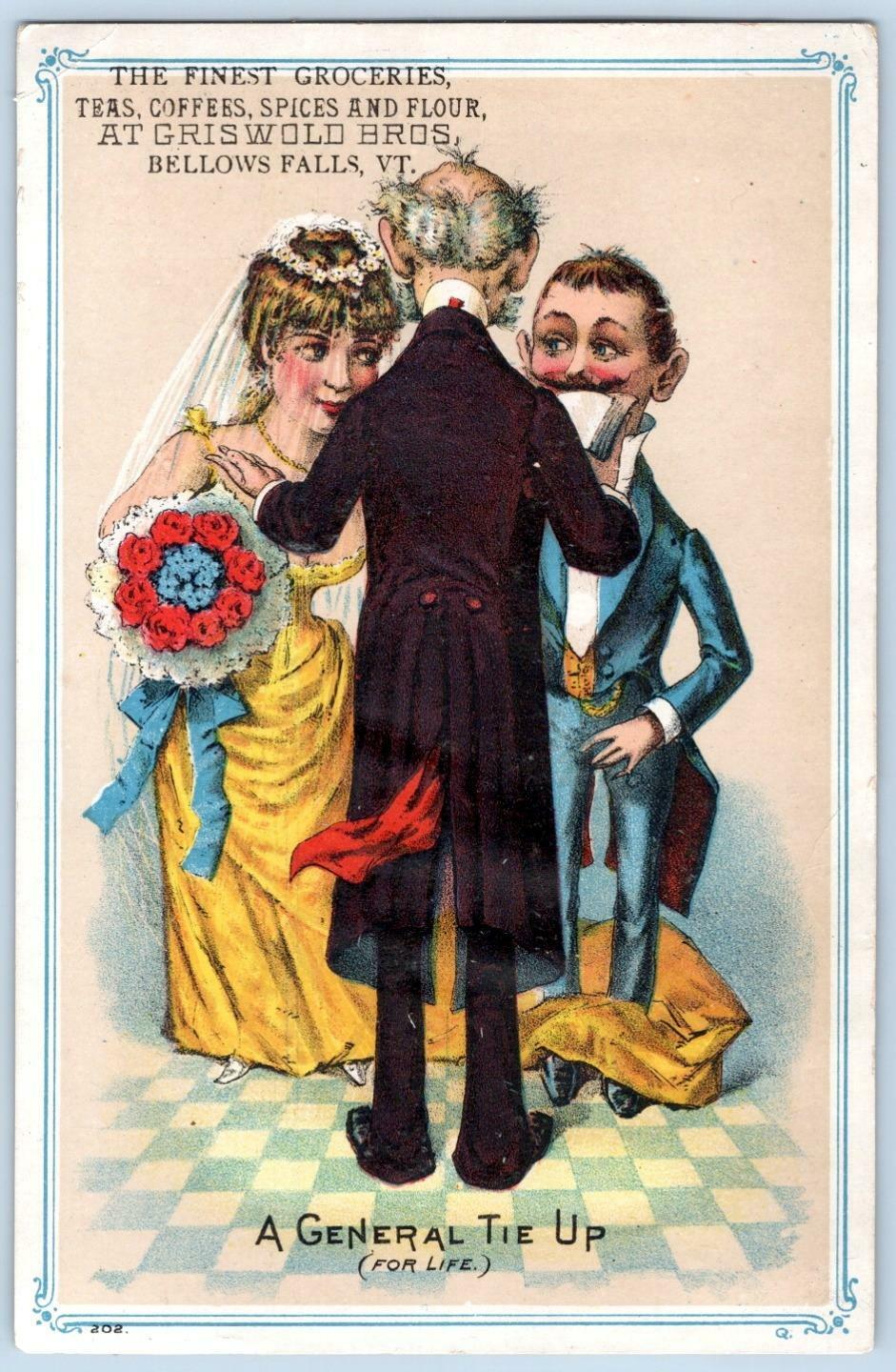 1880\'s BELLOWS FALLS VERMONT LARGE TRADE CARD WEDDING A GENERAL TIE UP FOR LIFE