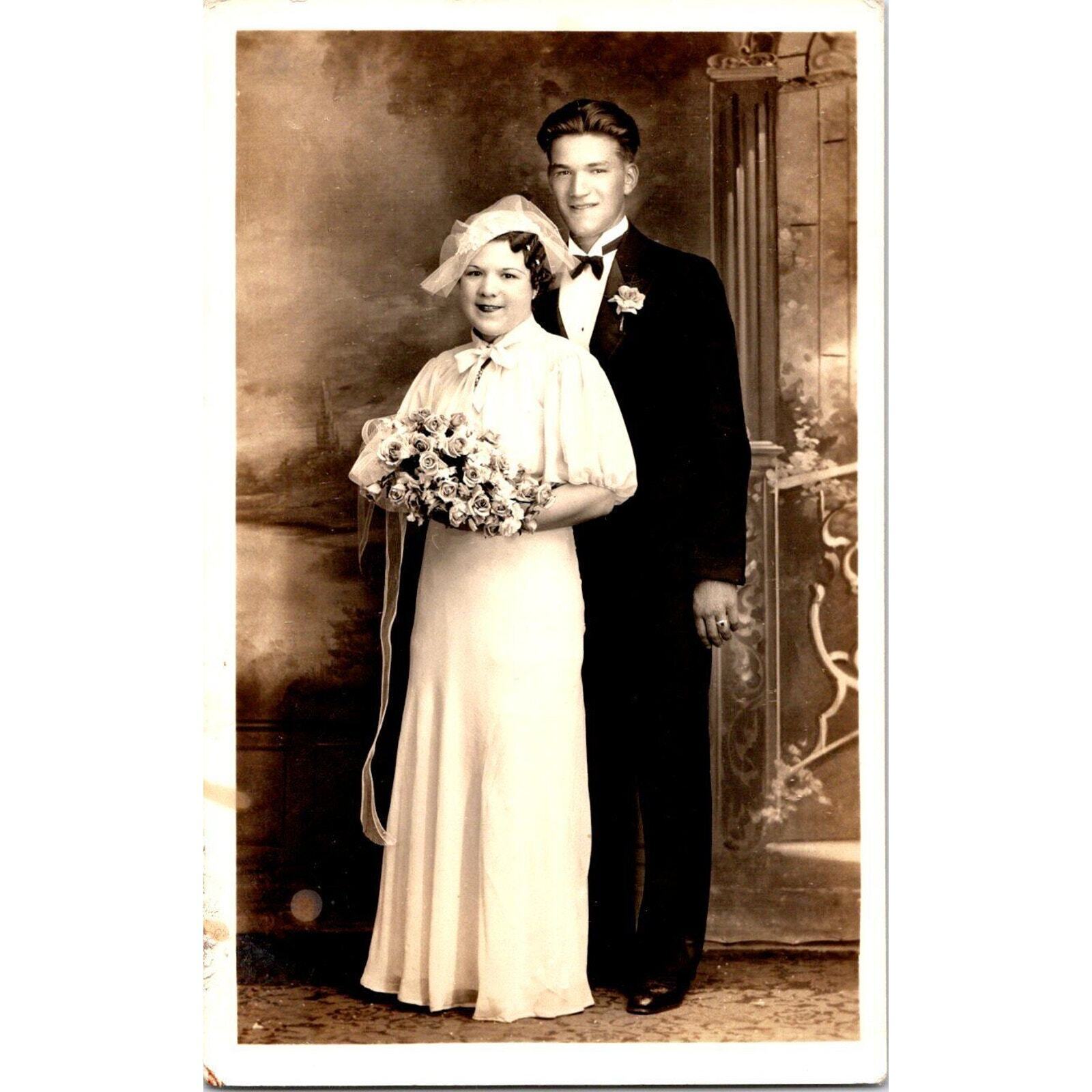 Vintage Postcard RPPC Wedding Photo Young Couple with Bridal Bouquet 1900s Photo