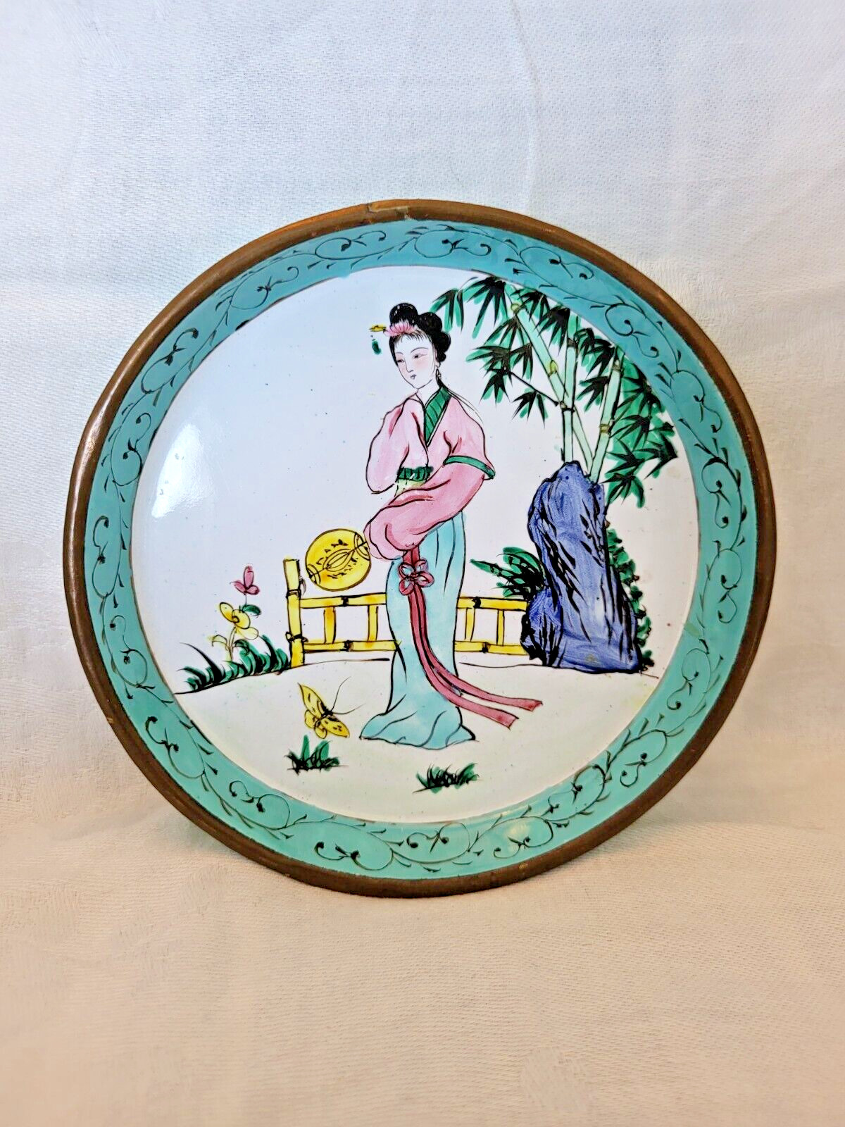 Vintage Chinese Canton enamel dish tray geisha handpainted metal 4.75