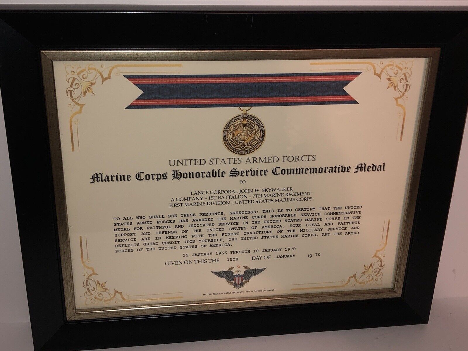 U.S. MARINE CORPS HONORABLE SERVICE COMMEMORATIVE MEDAL CERTIFICATE ~ Type 1