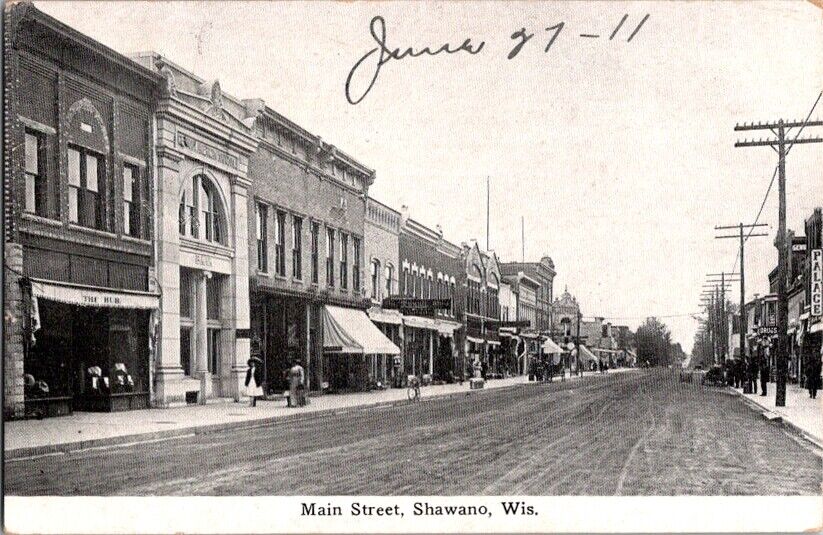 Vintage Postcard Main Street Shawano WI Wisconsin 1911                     F-366