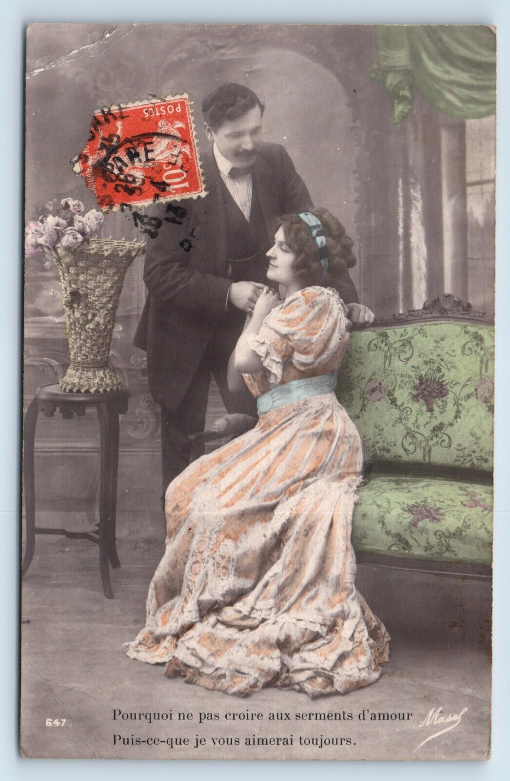 Postcard - French Victorian Couple May I Always Love You c1913