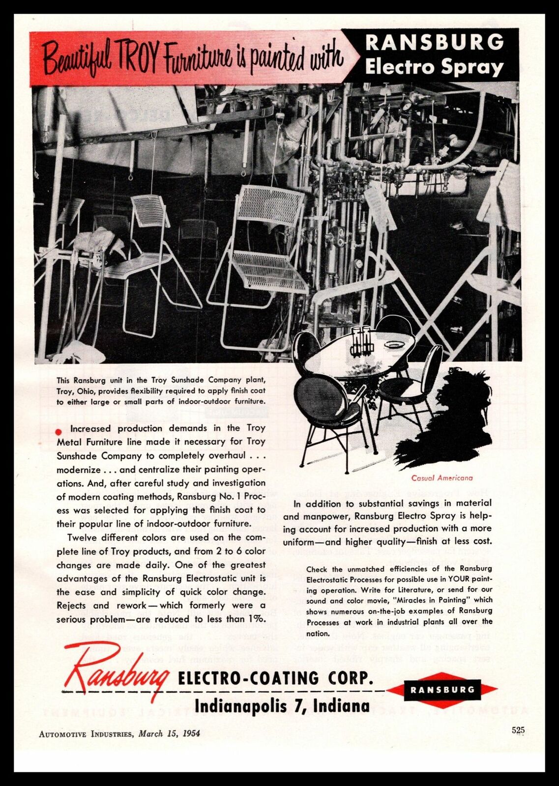 1954 Ransburg Electro-Coating Indianapolis IN Troy Furniture Vintage Print Ad