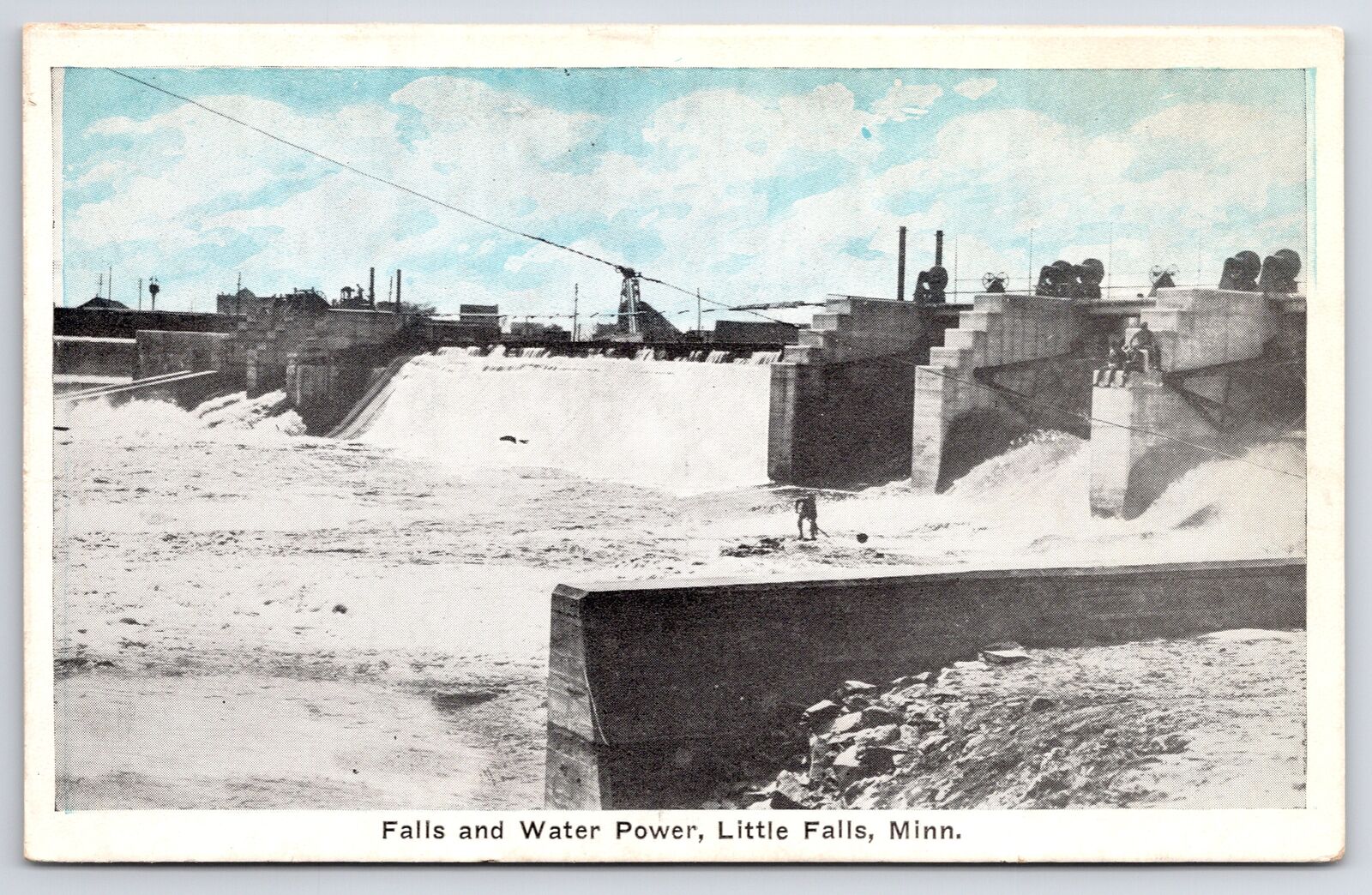 Little Falls Minnesota~Falls & Water Power~Worker @ Base~1920s Blue Sky PC