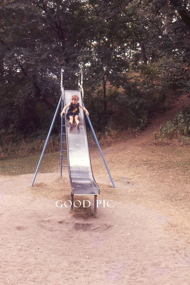 #SM20 - Vintage 35mm Slide Photo - Girl on Old Metal Slide at Playground- 1971
