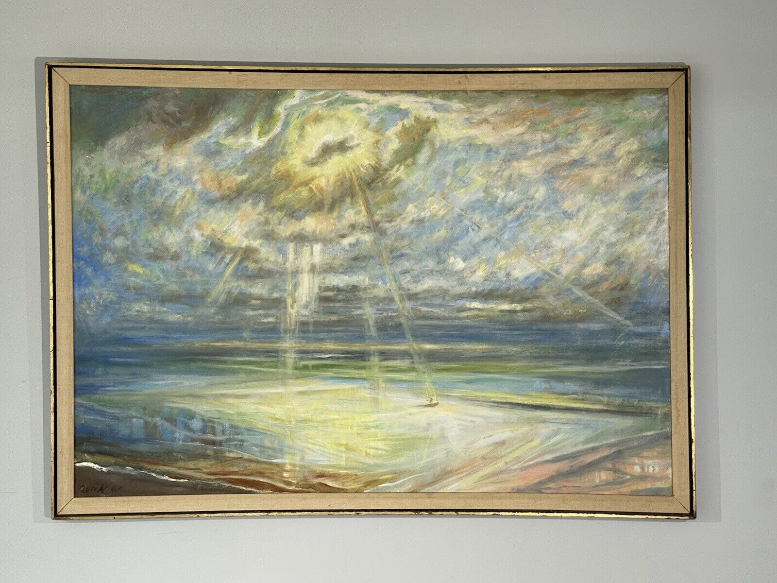 1961 Minnesota Artist Birney Quick Framed Oil on Canvas Seascape with Boater