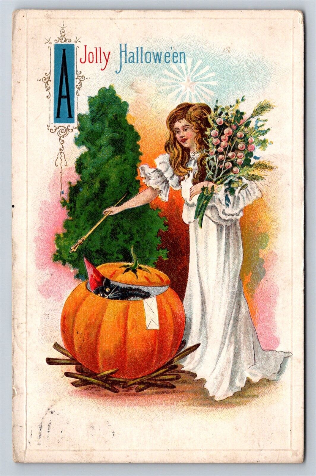 Postcard Jolly Halloween Good White Witch Black Cat In Pumpkin 1910s AB1