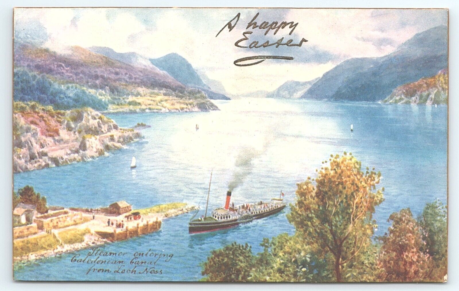 Postcard Tuck Oilette Caledonian Canal 7685 Gilt A Happy Easter Steamer Ship