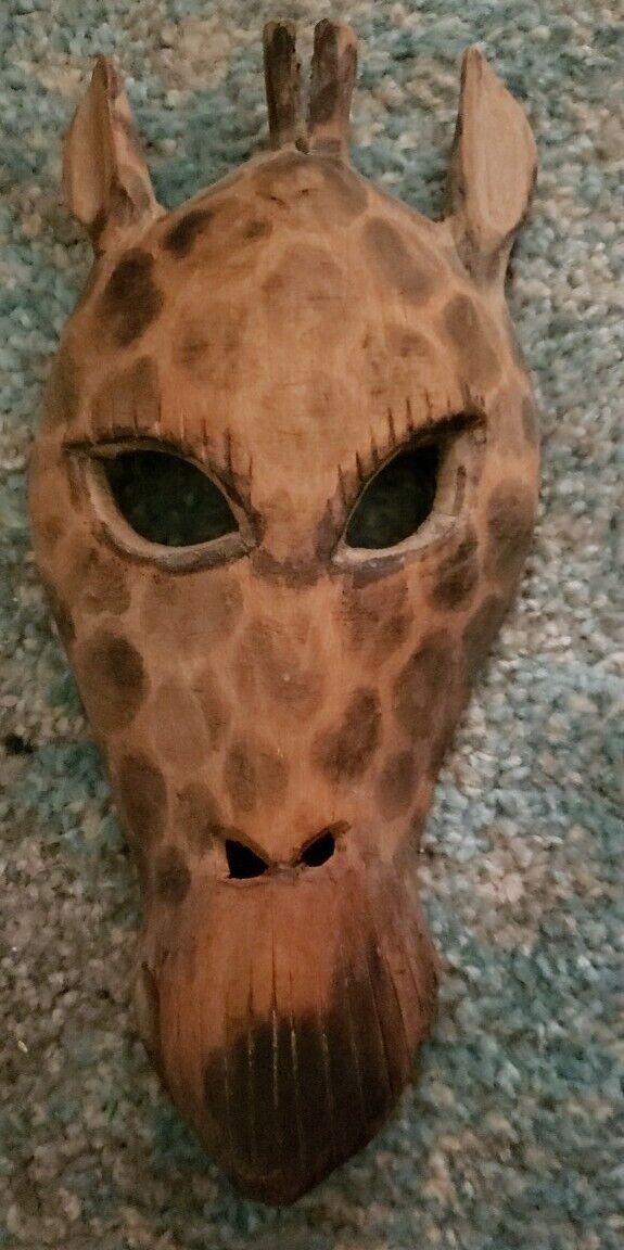 Vintage Giraffe Mask Hand Carved Wood Painted African Wall decor Art