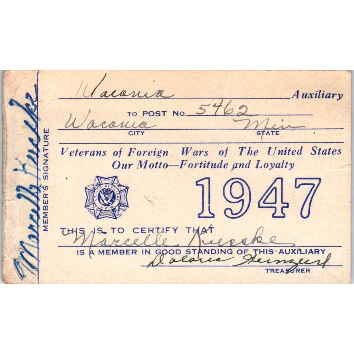 1947 VFW Card Marcelle Kusske Waconia Minnesota TH9-SX1