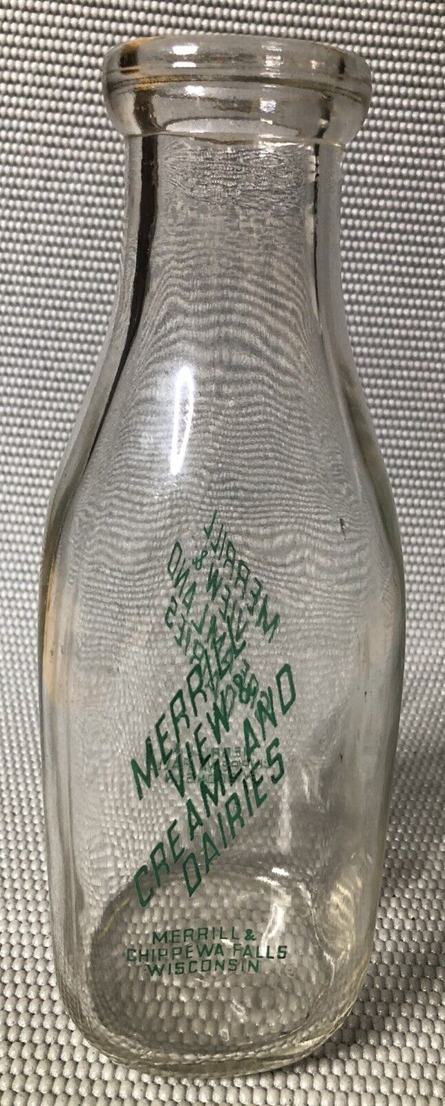 Vintage Merrill View & Creamland Chippewa Falls 2 Side Print Quart Milk Bottle