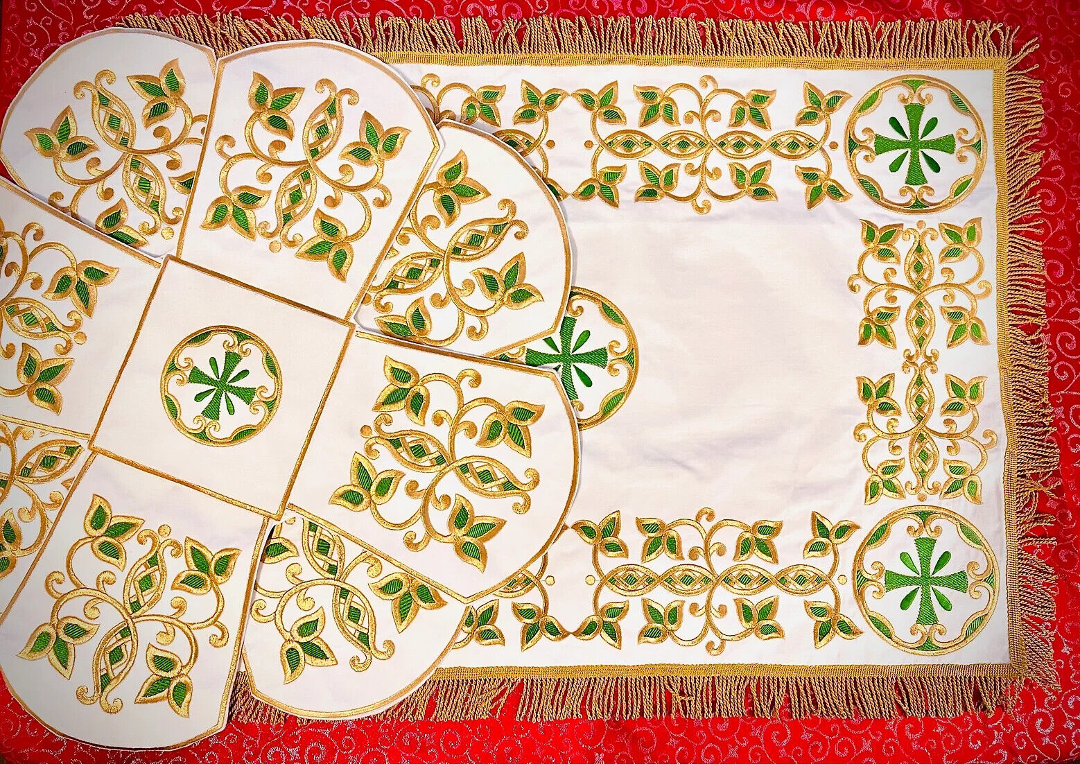 Chalice covers set white cotton velvet, light gold, green