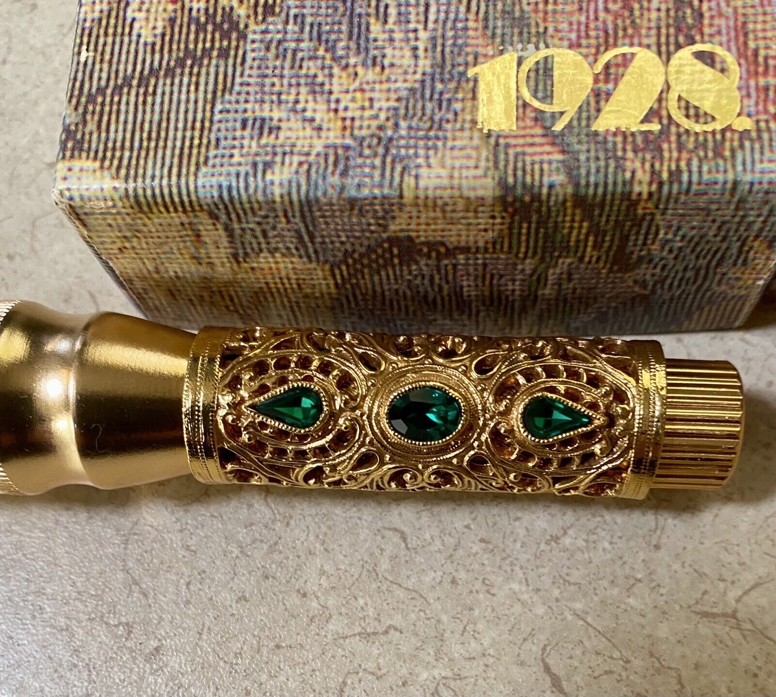 Vtg  1928 Brand  Flashlight Gold Filigree Jeweled Collectible With Box Untested