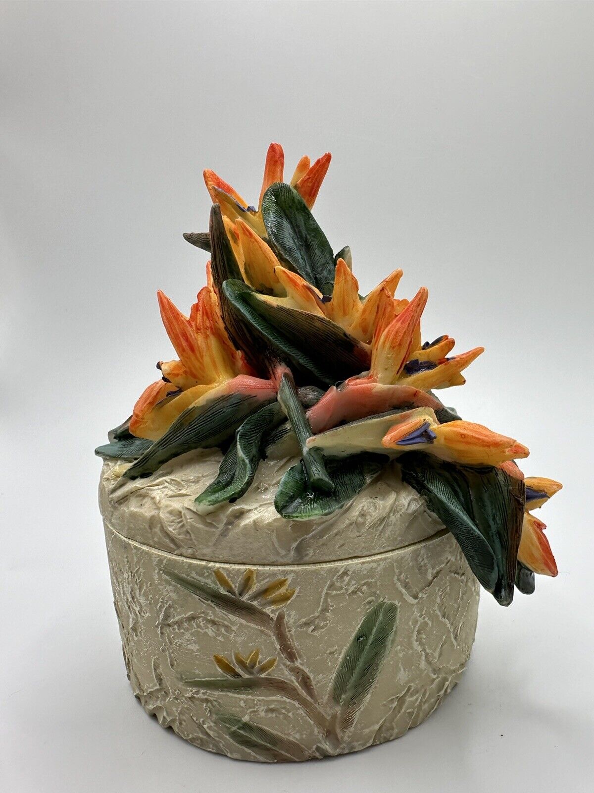 Bird of Paradise Flower Trinket Box Detailed Hand Painted A. Richesco 4.25\