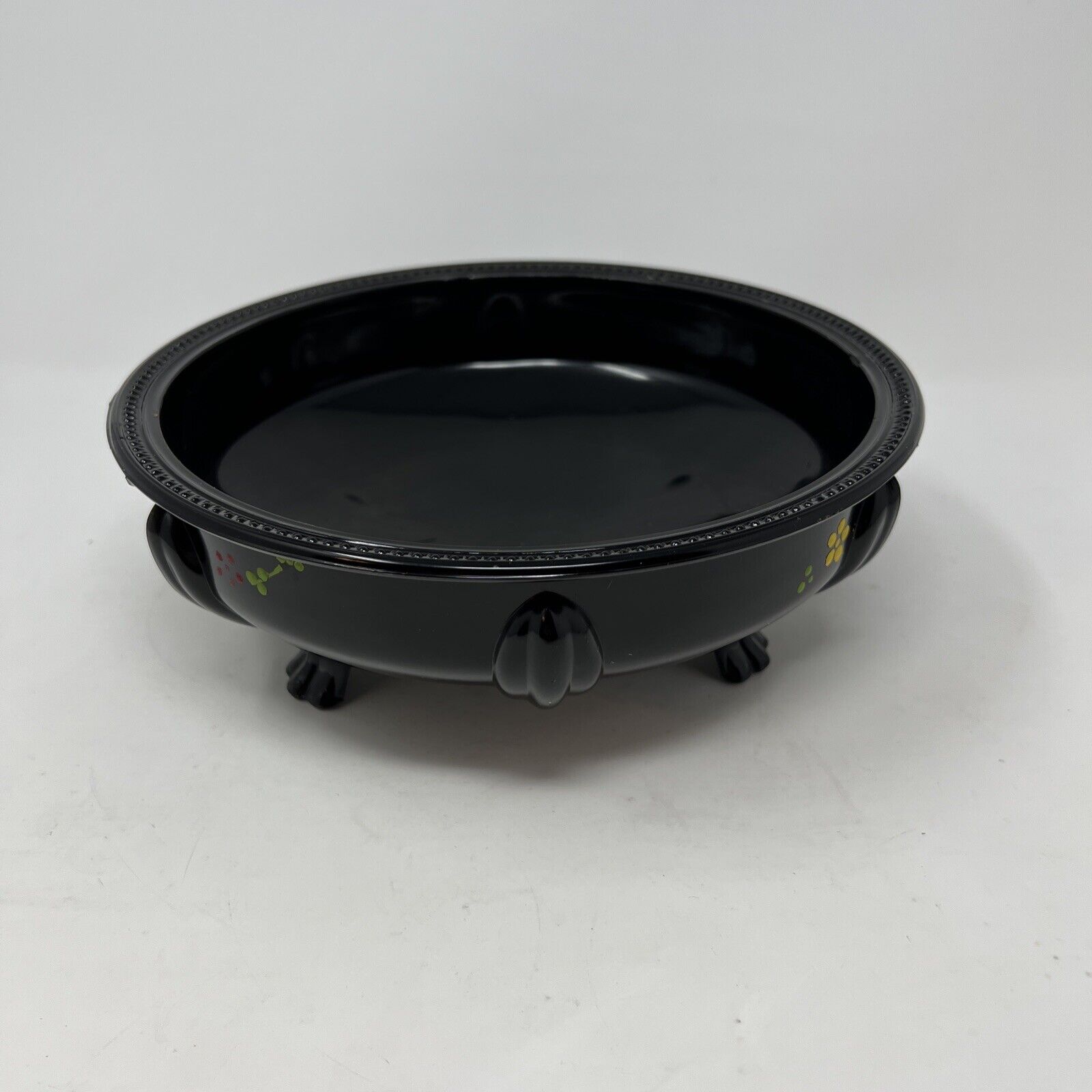 Vintage 1930s LE Smith Art Deco Bowl 3 Footed Black Glass Hand Painted Flowers