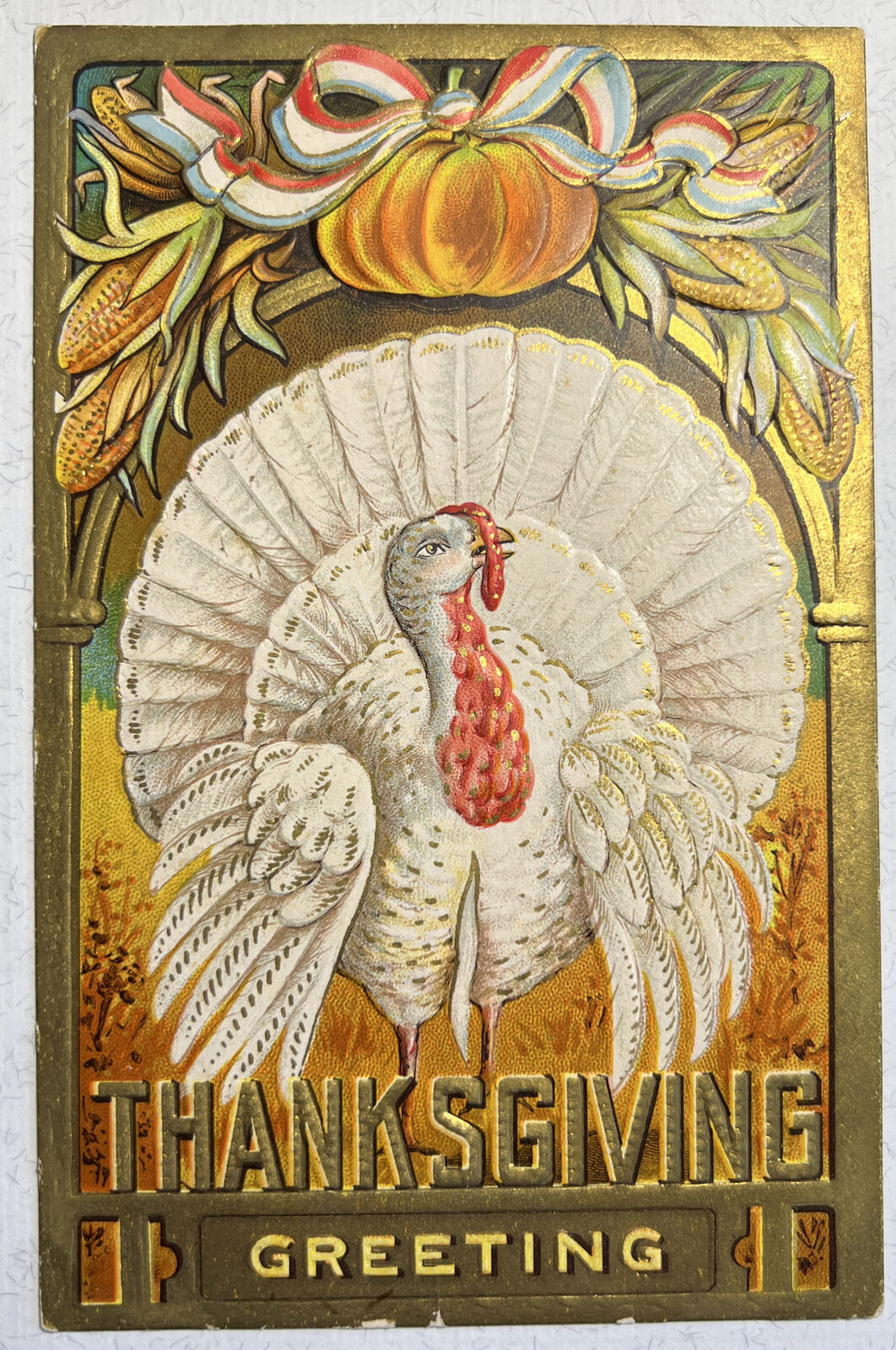 Embossed 1900\'s Thanksgiving Greeting Red White & Blue Ribbons Series No. 3 P14