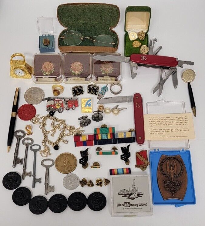Vtg Estate Junk Drawer Lot Jewelry Military Pins Medals Knick Knacks Buttons Etc