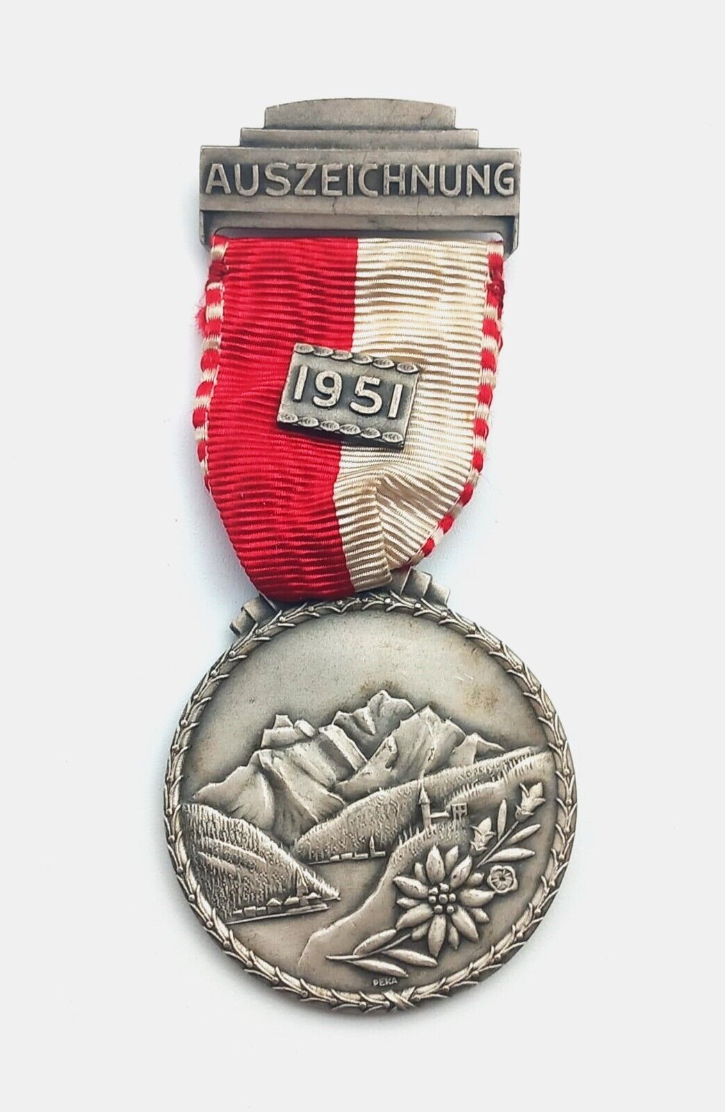 AUSZEICHNUNG 1951 swiss shotting ribon medal badge maker marked bimetal