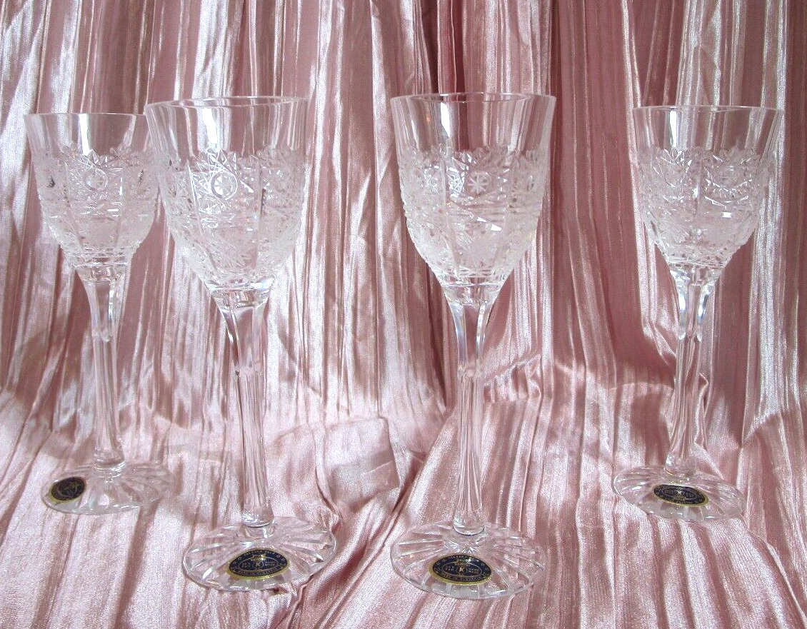 Set of 4 Vintage Valaska Bela Czechoslovakian Hand Cut Crystal Glasses 6\