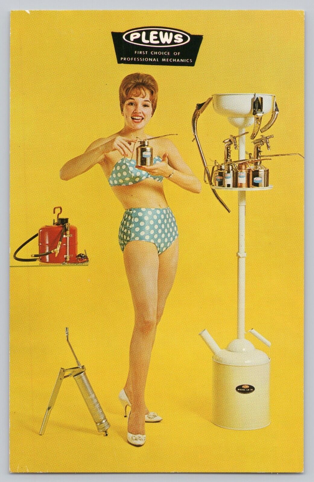 Plew Products Advertisement Postcard 1960s Bikini Model Yellow Background Tools