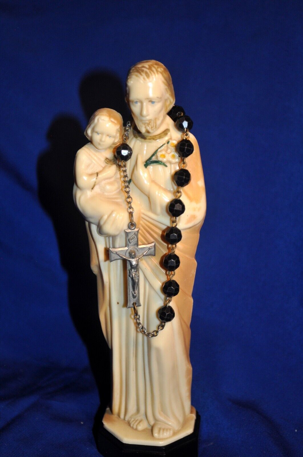 VTG 1950'S ROSARY BOX, FIGURAL ST JOSEPH, W CHAPLET CMPC (CONSOLIDATED) 8 IN