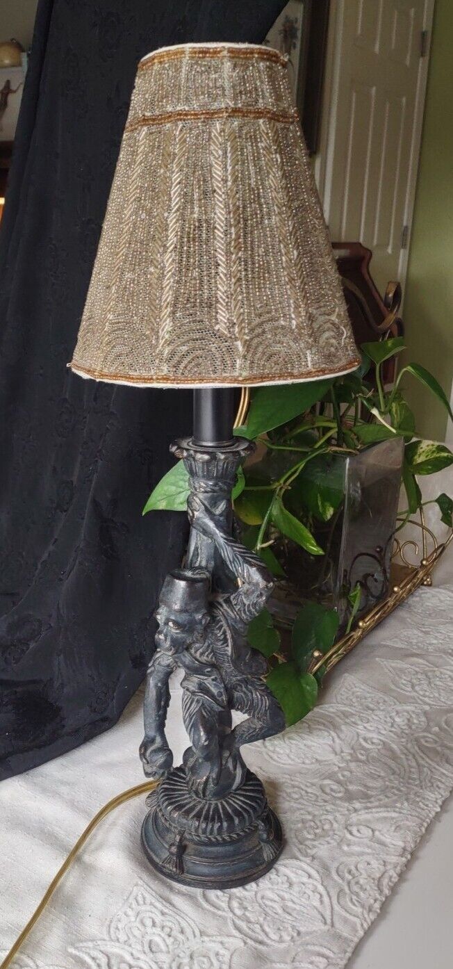 Bellhop Monkey Butler Table Lamp Black Bronze 15\'\' Beaded Shade