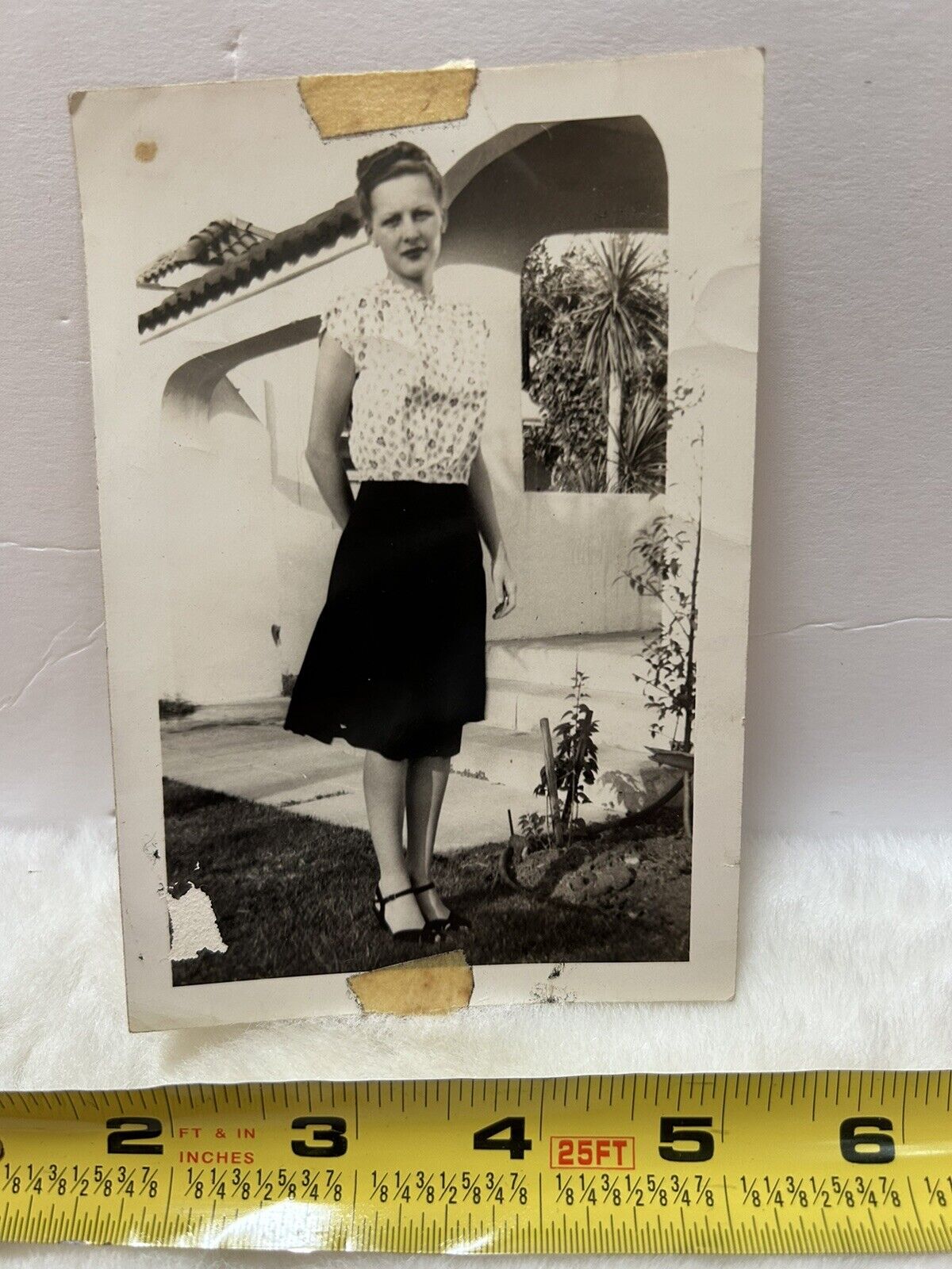 Vintage Photo Snapshot Of Pretty Woman In Blouse And Skirt Outside 