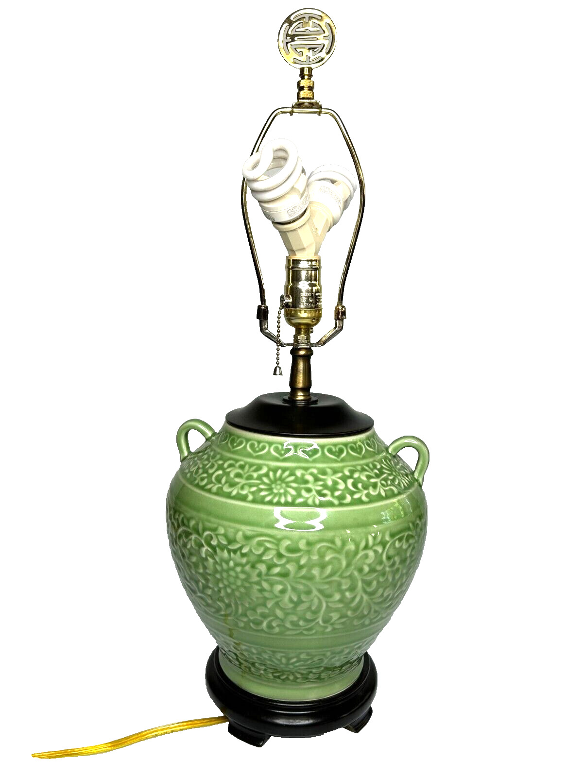 Chinese Celadon Embossed Floral Green Glazed Porcelain Table Lamp