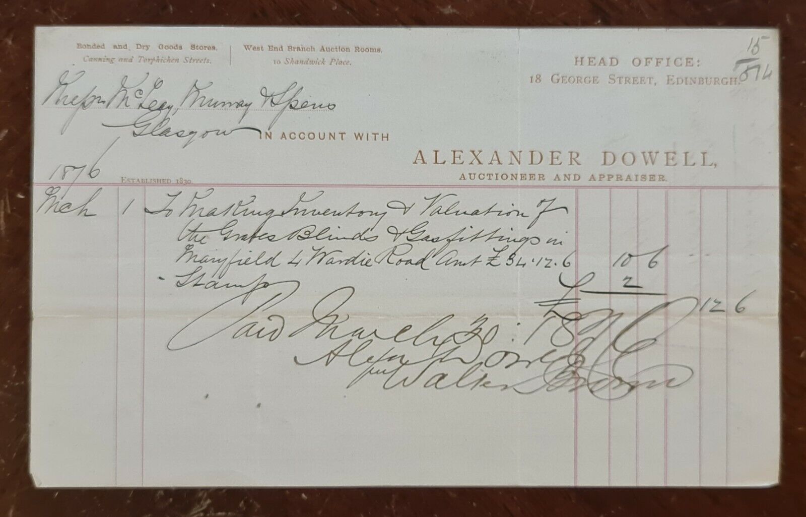 1876 Alexander Dowell, Auctioneer, 18 George Street, Edinburgh Invoice