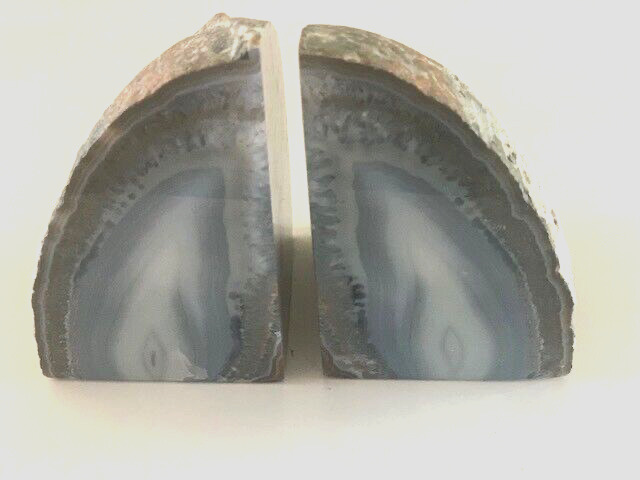 Two Agate Geode Bookends Rough Outside Blues Grays Whites Polished Inside 5\