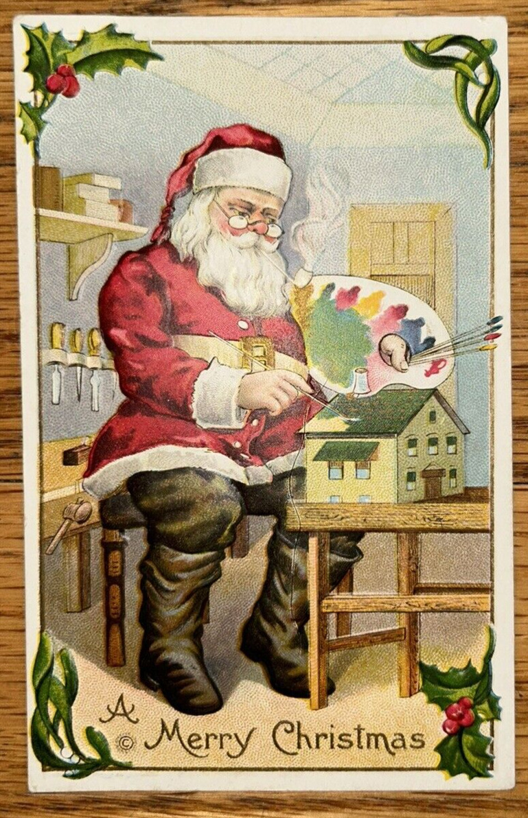 Antique Christmas Postcard Santa Smoking Pipe Painting Dollhouse Colorful Look