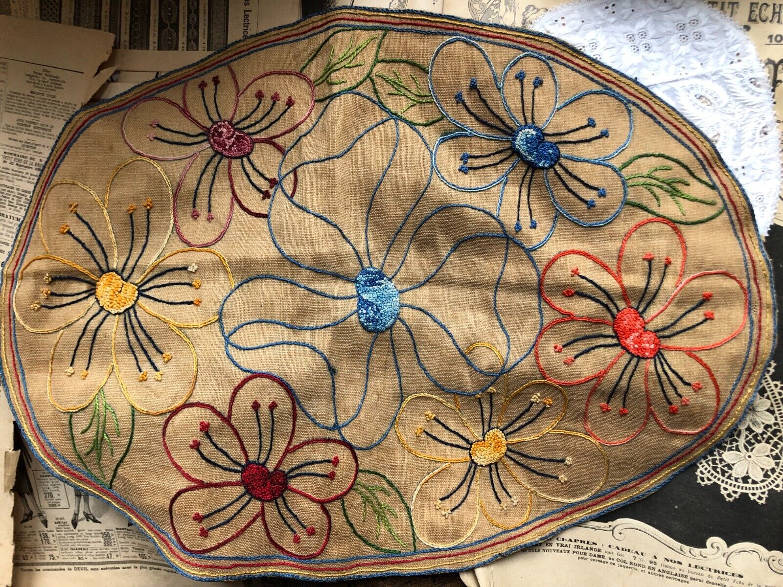 Antique French Hand Crafted Embroidery Linen Flower Heads Table Mat c1930s