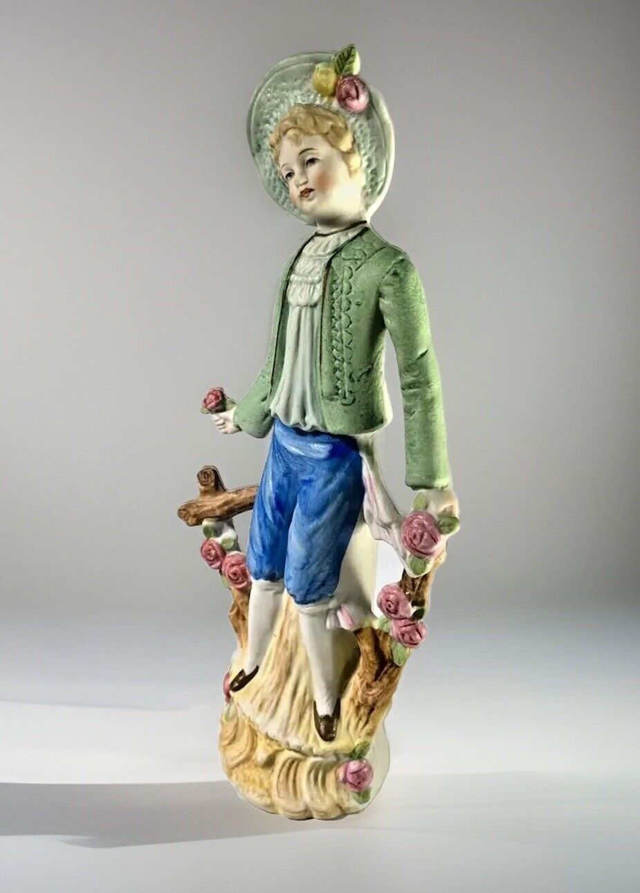 Vtg Japan Pastoral Boy Fence Roses Hand Painted Bisque Andrea Figurine