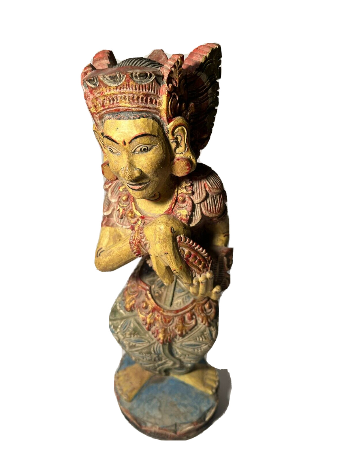 Antique Asian Merchant Buddha Hand Carved & Painted Artwork 12” Sculpture, 19th